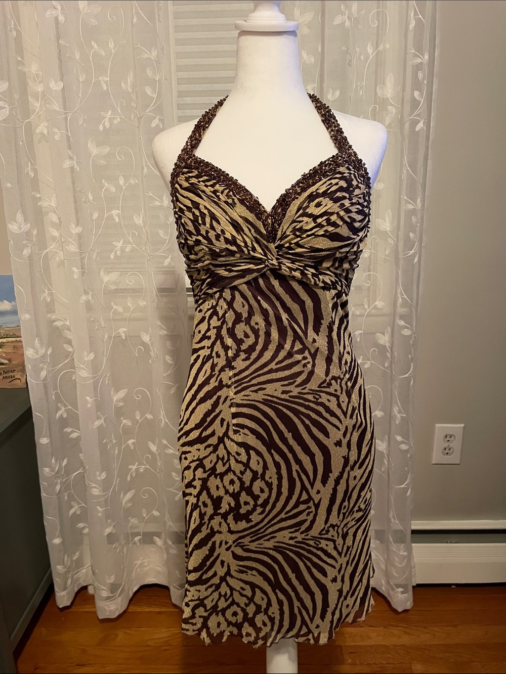 Beaded Halter Midi Dress in Brown & Beige Animal Print